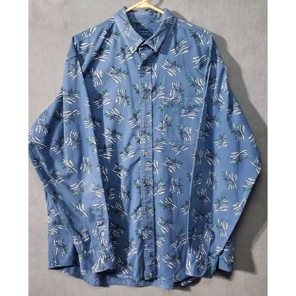 Vintage Cambridge Classics Shirt Mens XL Blue 90s Y2K Skiing All Over Print